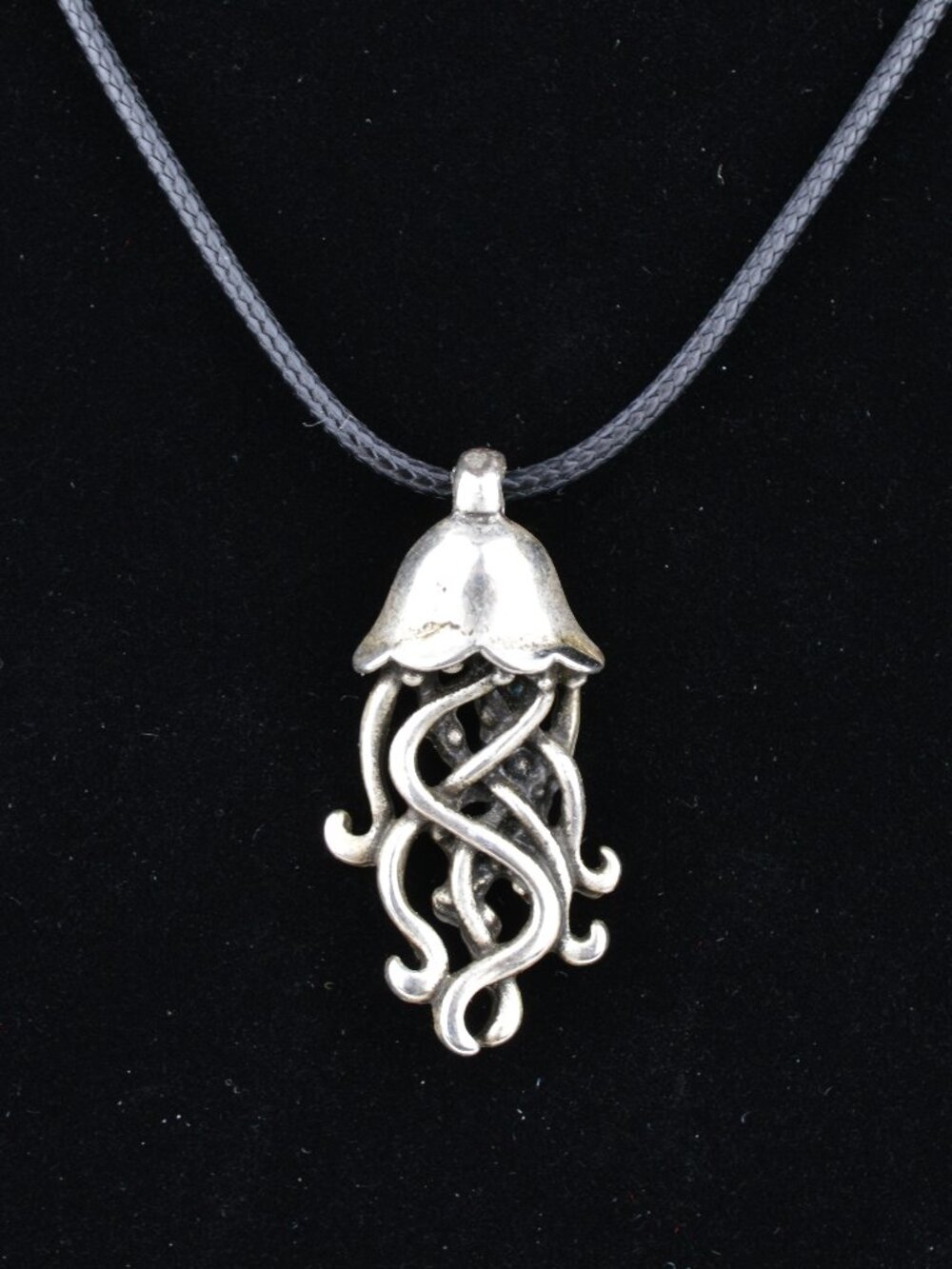 Jelly Fish Pendant Charm Silver Toned Nautical Necklace 16" Black Corded